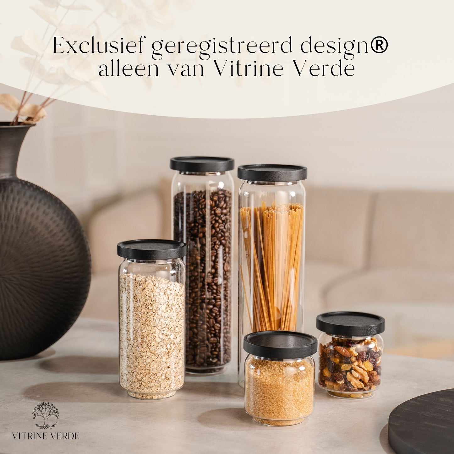 Vitrine Verde Vorratsgläser-Set – 6 Glasgefäße mit schwarzen Akazienholzdeckeln
