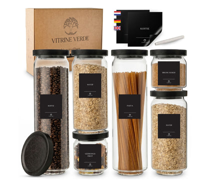 Vitrine Verde Storage Jars Set — 6 Glass Jars with Black Acacia Wood Lids